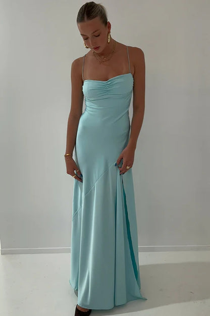 Aimishang Elegant Evening Dresses Spaghetti Straps Long Prom Dress Satin Simple Formal Party Dress With Slit