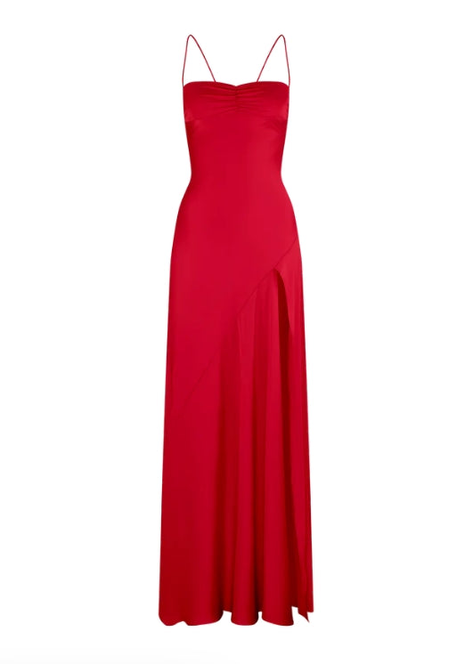 Aimishang Elegant Evening Dresses Spaghetti Straps Long Prom Dress Satin Simple Formal Party Dress With Slit