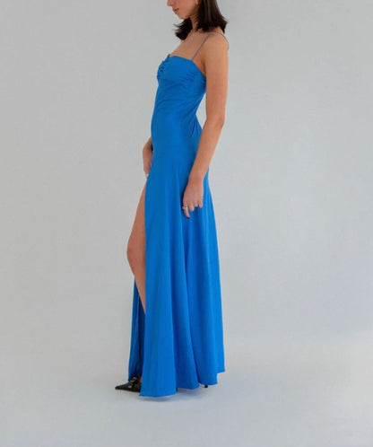 Aimishang Elegant Evening Dresses Spaghetti Straps Long Prom Dress Satin Simple Formal Party Dress With Slit