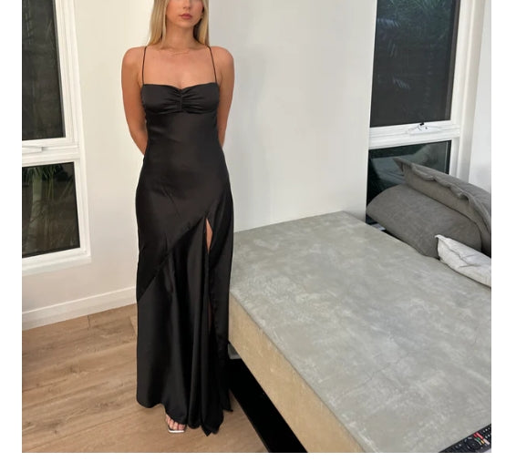 Aimishang Elegant Evening Dresses Spaghetti Straps Long Prom Dress Satin Simple Formal Party Dress With Slit