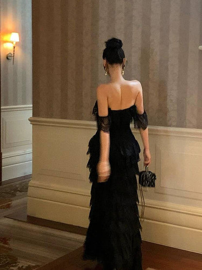 Aimishang Elegant Evening Gowns Off The Shoulder Black Long Prom Dress with Slit Birthday Party Dress