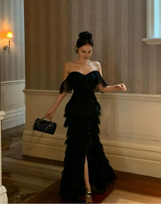 Aimishang Elegant Evening Gowns Off The Shoulder Black Long Prom Dress with Slit Birthday Party Dress