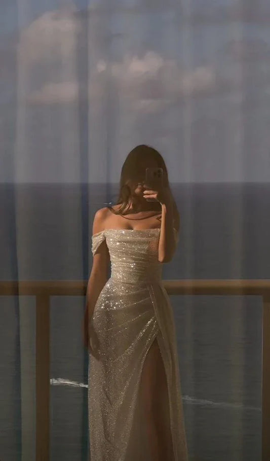 Aimishang Elegant Formal Dress Off Shoulder Sequin Long Prom Dress Sparkly Evening Party Dress Charming Wedding Dress With Slit