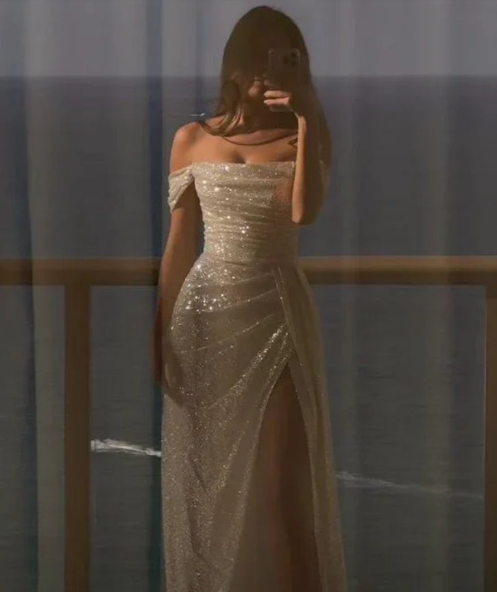 Aimishang Elegant Formal Dress Off Shoulder Sequin Long Prom Dress Sparkly Evening Party Dress Charming Wedding Dress With Slit