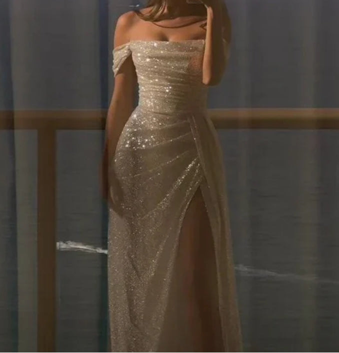 Aimishang Elegant Formal Dress Off Shoulder Sequin Long Prom Dress Sparkly Evening Party Dress Charming Wedding Dress With Slit