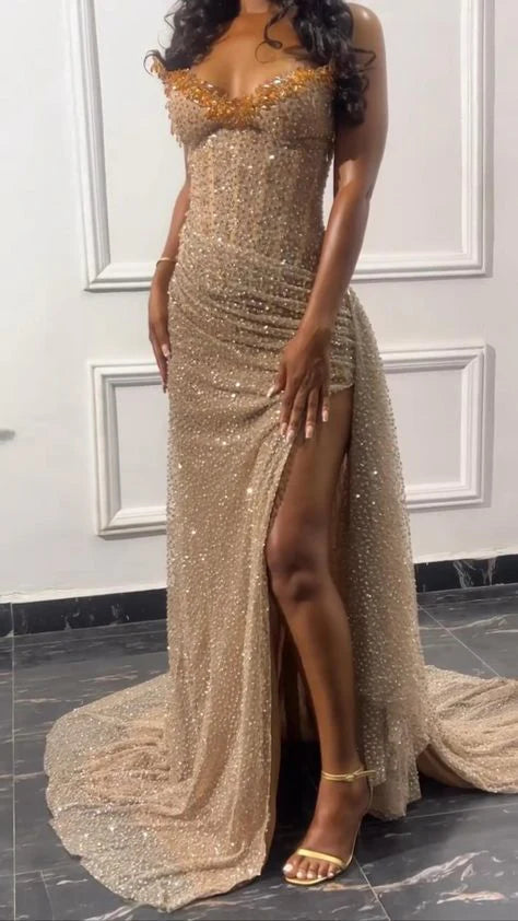 Aimishang Elegant Formal Wear Dresses Strapless Champagne Sequin Long Prom Dress With Slit Charming Evening Dress Sexy Party Dress Wholesale