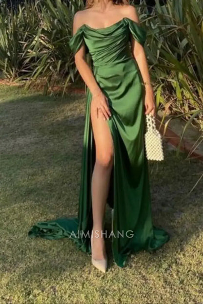 Aimishang Elegant Green Satin Off the Shoulder Party Evening Gown With Slit Long Formal Prom Dress Fashion Graduation Dress