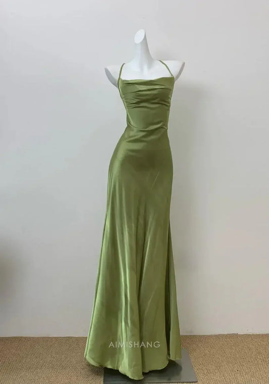 Aimishang Elegant Green Spaghetti Straps Sleeveless Long Formal Prom Dress Simple Party Evening Gowns Charming Graduation Dress