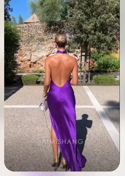 Aimishang Elegant Halter Backless Long Prom Dress Women Maxi Dress Sleeveless Simple Party Evening Gown With Slit