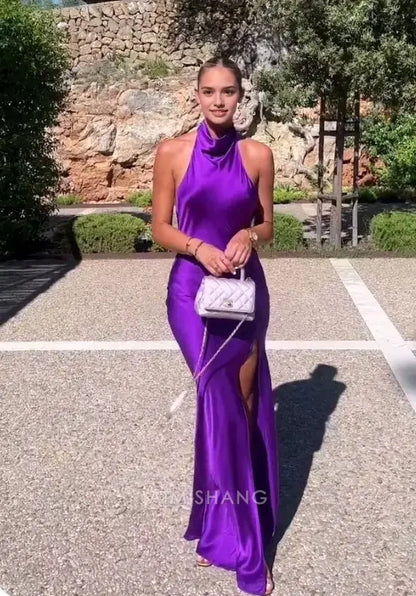 Aimishang Elegant Halter Backless Long Prom Dress Women Maxi Dress Sleeveless Simple Party Evening Gown With Slit