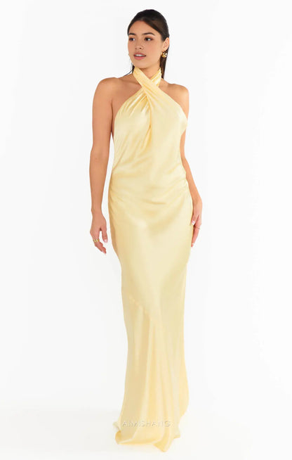 Aimishang Elegant Halter Sleeveless Maxi Dress Yellow Satin Open Back Long Prom Prom Dresses Simple Graduation Dress Charming Party Evening Gowns