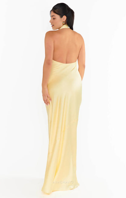 Aimishang Elegant Halter Sleeveless Maxi Dress Yellow Satin Open Back Long Prom Prom Dresses Simple Graduation Dress Charming Party Evening Gowns