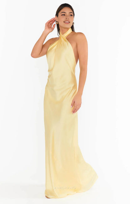 Aimishang Elegant Halter Sleeveless Maxi Dress Yellow Satin Open Back Long Prom Prom Dresses Simple Graduation Dress Charming Party Evening Gowns