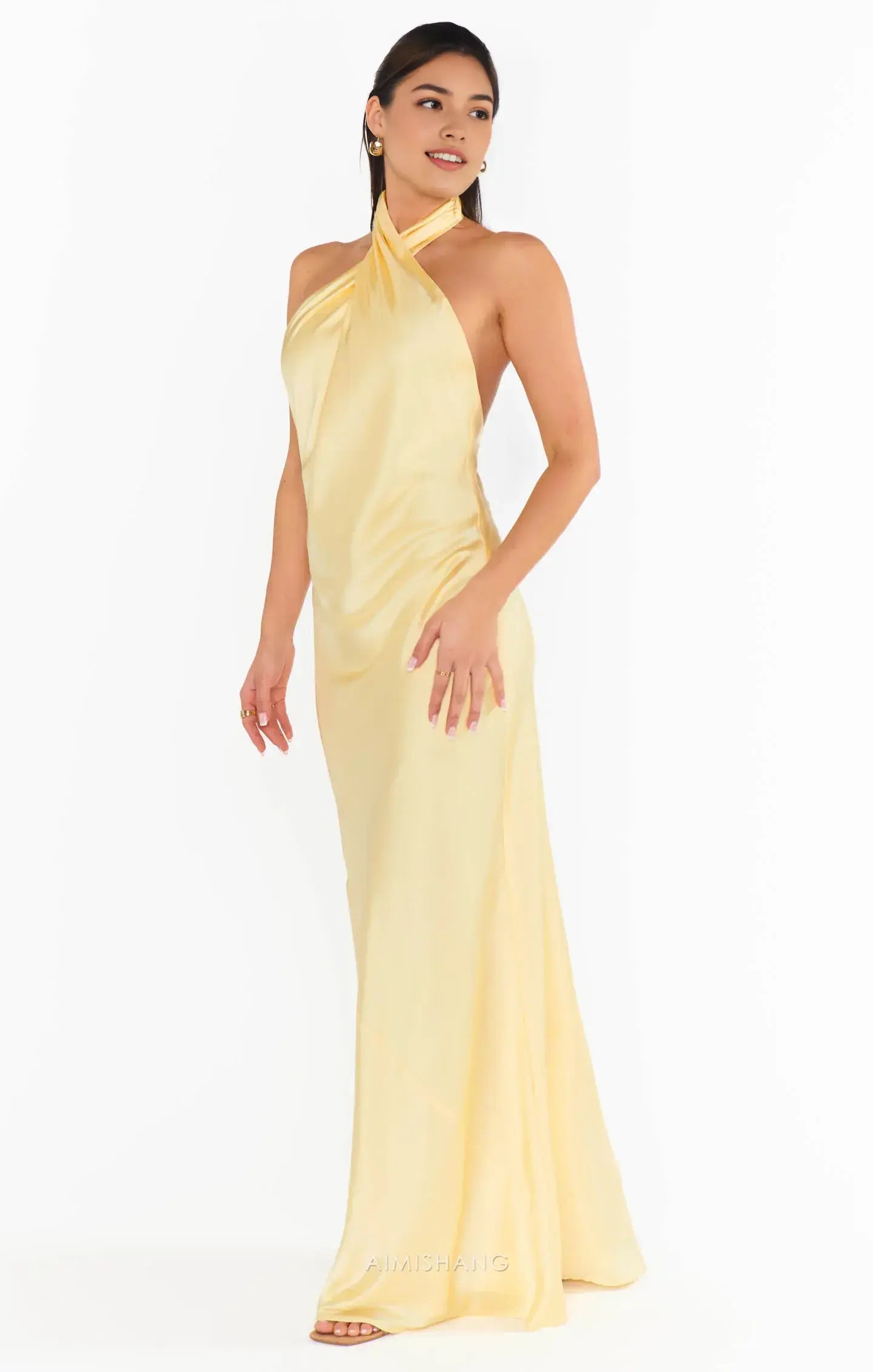 Aimishang Elegant Halter Sleeveless Maxi Dress Yellow Satin Open Back Long Prom Prom Dresses Simple Graduation Dress Charming Party Evening Gowns