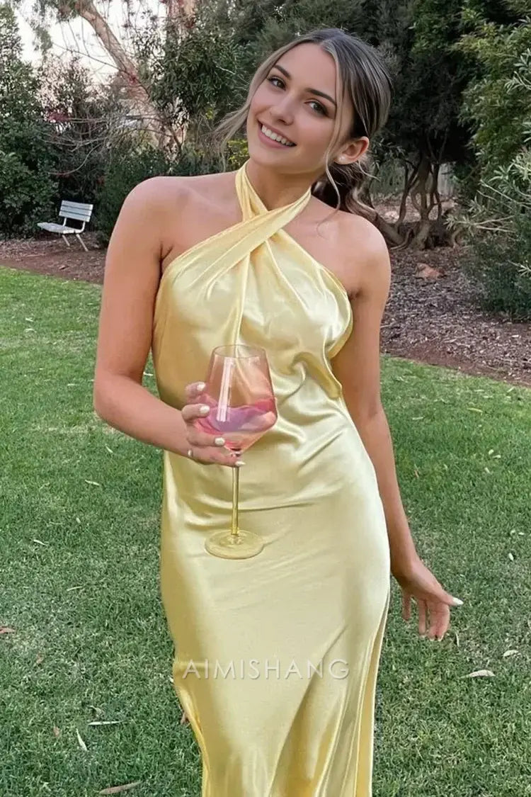 Aimishang Elegant Halter Sleeveless Maxi Dress Yellow Satin Open Back Long Prom Prom Dresses Simple Graduation Dress Charming Party Evening Gowns