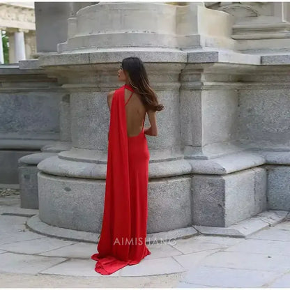 Aimishang Elegant Halter Sleeveless Satin Long Formal Prom Dress Simple Party Evening Gowns Fashion Women's Wedding Guest Dress