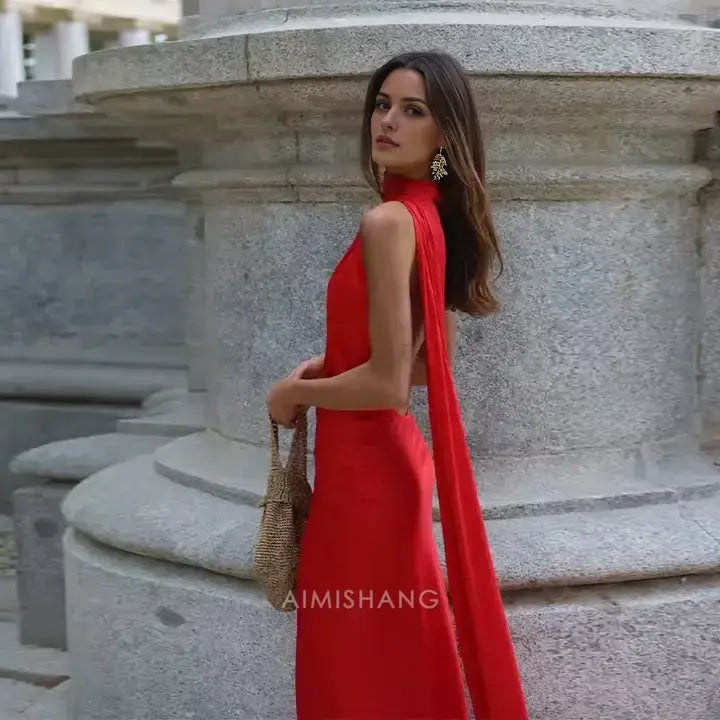 Aimishang Elegant Halter Sleeveless Satin Long Formal Prom Dress Simple Party Evening Gowns Fashion Women's Wedding Guest Dress