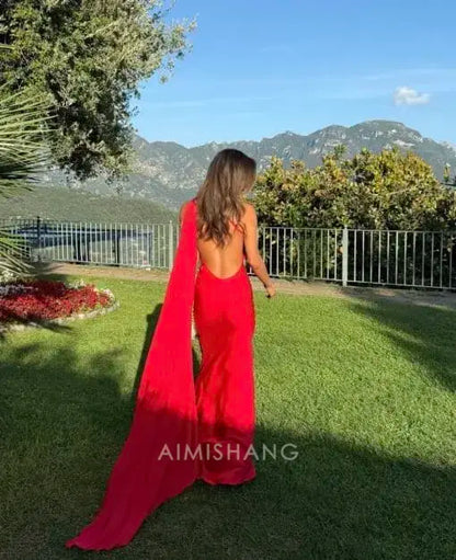 Aimishang Elegant Halter Sleeveless Satin Long Formal Prom Dress Simple Party Evening Gowns Fashion Women's Wedding Guest Dress