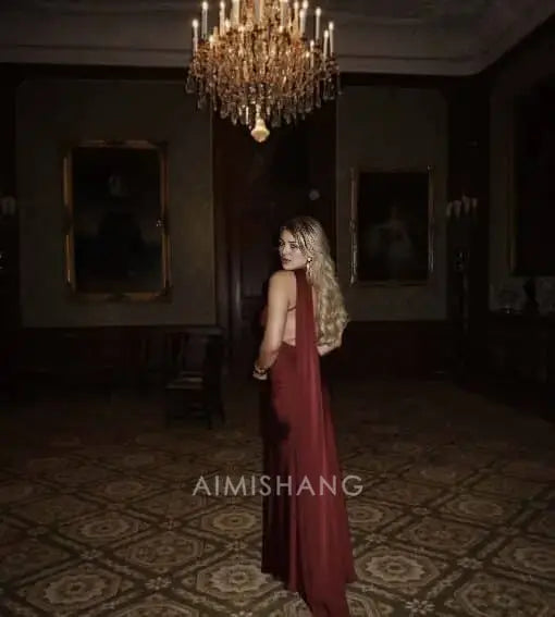 Aimishang Elegant Halter Sleeveless Satin Long Formal Prom Dress Simple Party Evening Gowns Fashion Women's Wedding Guest Dress