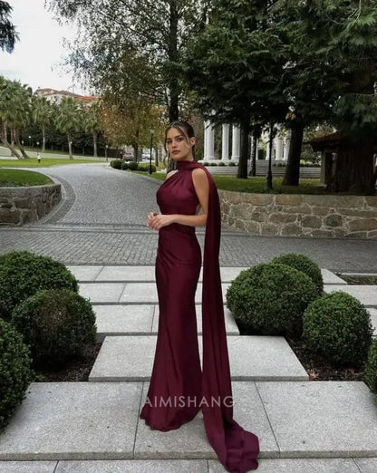 Aimishang Elegant Halter Sleeveless Satin Long Formal Prom Dress Simple Party Evening Gowns Fashion Women's Wedding Guest Dress