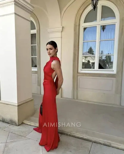 Aimishang Elegant Halter Sleeveless Satin Long Formal Prom Dress Simple Party Evening Gowns Fashion Women's Wedding Guest Dress