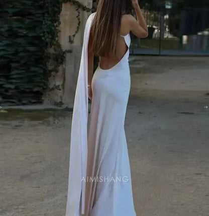 Aimishang Elegant Halter Sleeveless Satin Long Formal Prom Dress Simple Party Evening Gowns Fashion Women's Wedding Guest Dress