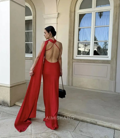 Aimishang Elegant Halter Sleeveless Satin Long Formal Prom Dress Simple Party Evening Gowns Fashion Women's Wedding Guest Dress