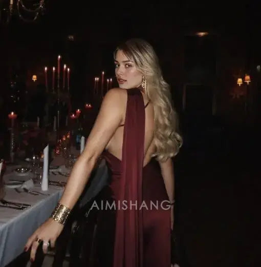 Aimishang Elegant Halter Sleeveless Satin Long Formal Prom Dress Simple Party Evening Gowns Fashion Women's Wedding Guest Dress