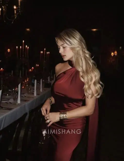 Aimishang Elegant Halter Sleeveless Satin Long Formal Prom Dress Simple Party Evening Gowns Fashion Women's Wedding Guest Dress