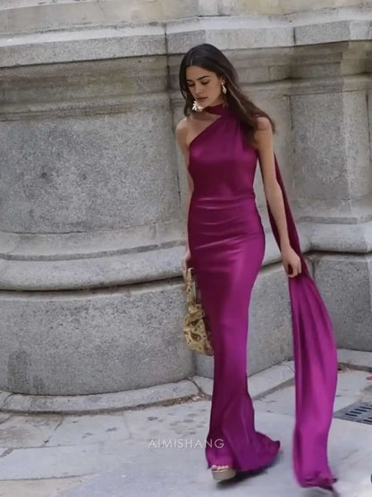 Aimishang Elegant Halter Sleeveless Satin Long Formal Prom Dress Simple Party Evening Gowns Women's Fashion Wedding Guest Dress