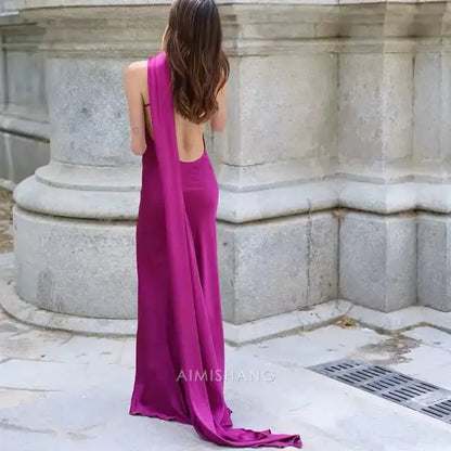 Aimishang Elegant Halter Sleeveless Satin Long Formal Prom Dress Simple Party Evening Gowns Fashion Women's Wedding Guest Dress