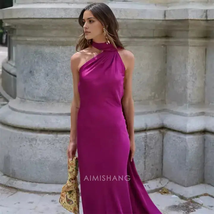 Aimishang Elegant Halter Sleeveless Satin Long Formal Prom Dress Simple Party Evening Gowns Women's Fashion Wedding Guest Dress