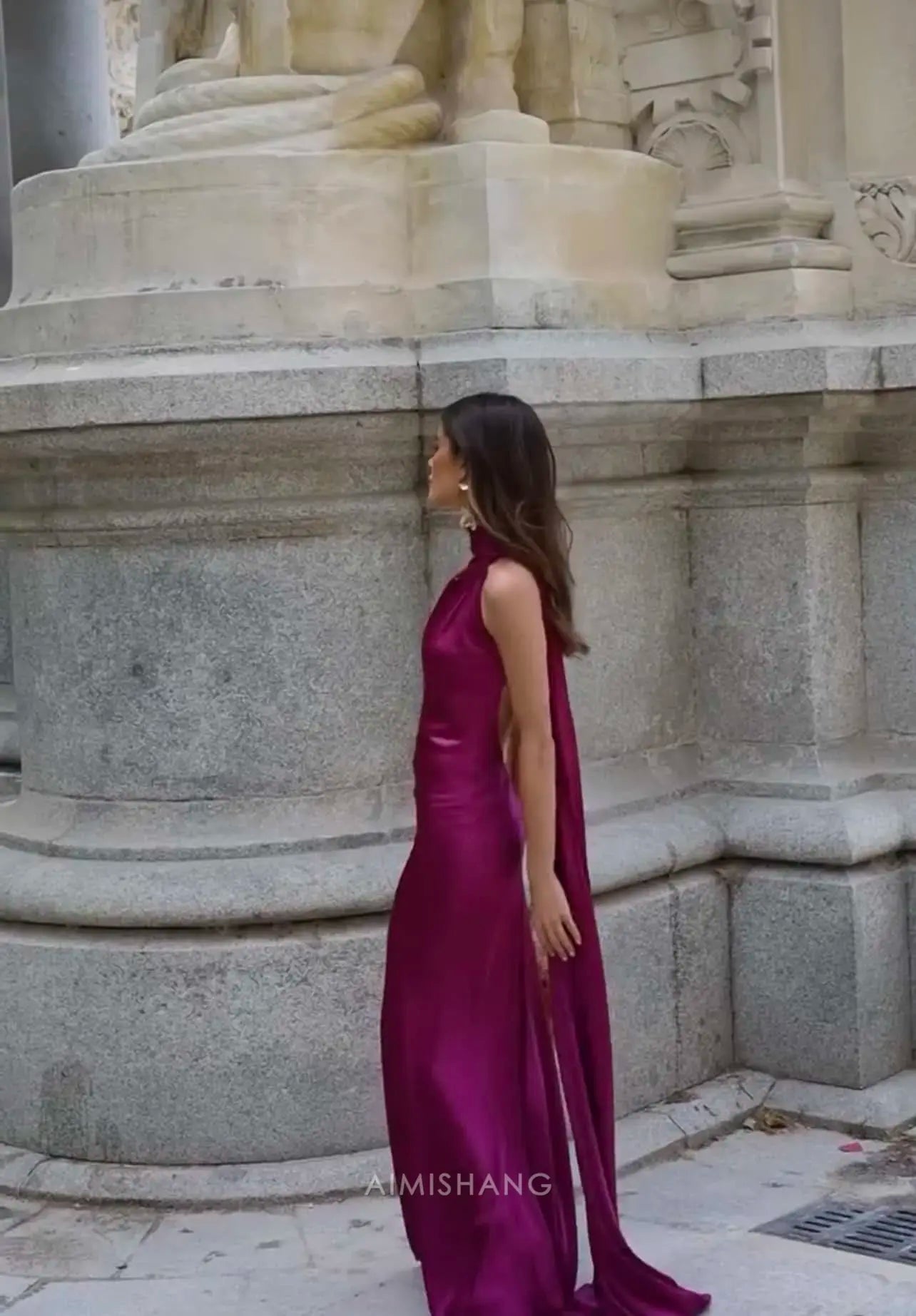 Aimishang Elegant Halter Sleeveless Satin Long Formal Prom Dress Simple Party Evening Gowns Women's Fashion Wedding Guest Dress