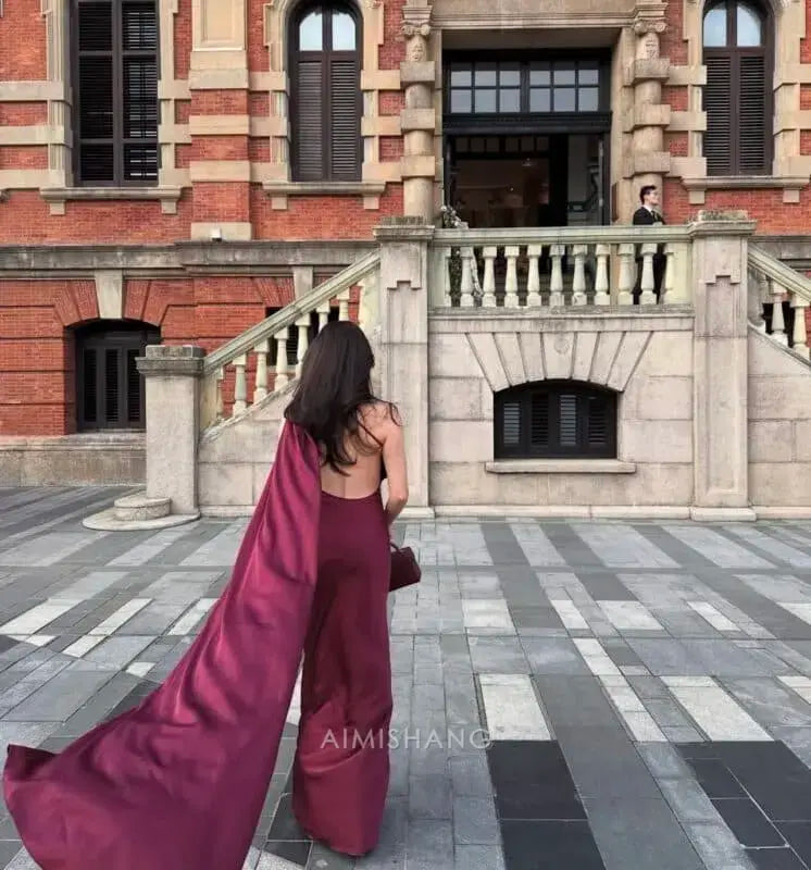 Aimishang Elegant Halter Sleeveless Satin Long Formal Prom Dress Simple Party Evening Gowns Women's Fashion Wedding Guest Dress