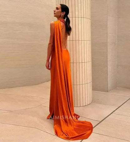Aimishang Elegant Halter Sleeveless Satin Long Formal Prom Dress Simple Party Evening Gowns Fashion Women's Wedding Guest Dress