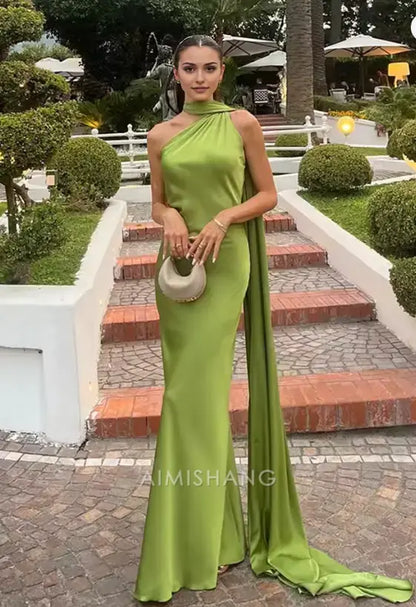 Aimishang Elegant Halter Sleeveless Satin Long Formal Prom Dress Simple Party Evening Gowns Fashion Women's Wedding Guest Dress
