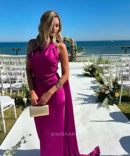 Aimishang Elegant Halter Sleeveless Satin Long Formal Prom Dress Simple Party Evening Gowns Women's Fashion Wedding Guest Dress