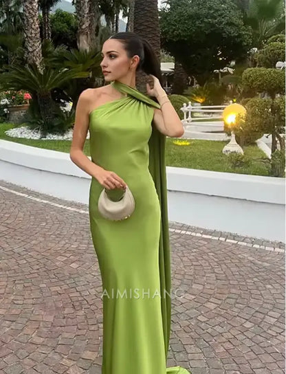 Aimishang Elegant Halter Sleeveless Satin Long Formal Prom Dress Simple Party Evening Gowns Fashion Women's Wedding Guest Dress