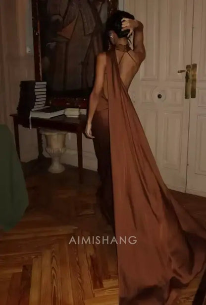 Aimishang Elegant Halter Sleeveless Satin Long Formal Prom Dress Simple Party Evening Gowns Women's Fashion Wedding Guest Dress