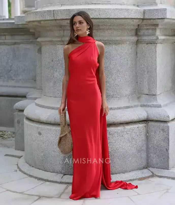 Aimishang Elegant Halter Sleeveless Satin Long Formal Prom Dress Simple Party Evening Gowns Fashion Women's Wedding Guest Dress