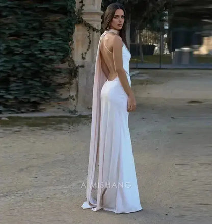 Aimishang Elegant Halter Sleeveless Long Formal Prom Dress Simple Party Evening Gowns Fashion Women's Wedding Guest Dress
