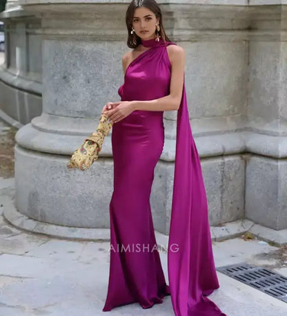 Aimishang Elegant Halter Sleeveless Satin Long Formal Prom Dress Simple Party Evening Gowns Women's Fashion Wedding Guest Dress