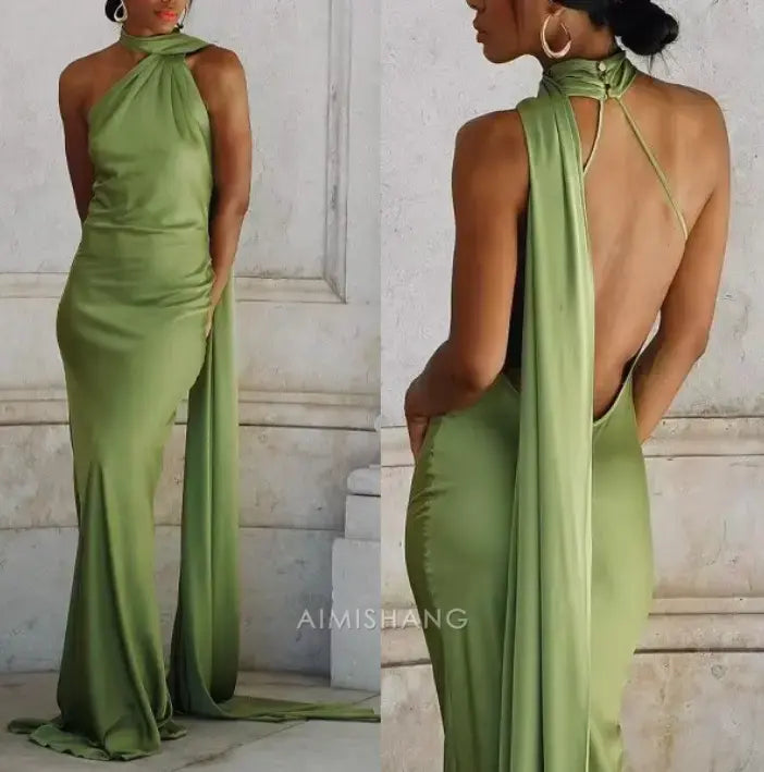 Aimishang Elegant Halter Sleeveless Satin Long Formal Prom Dress Simple Party Evening Gowns Women's Fashion Wedding Guest Dress