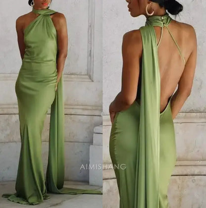 Aimishang Elegant Halter Sleeveless Satin Long Formal Prom Dress Simple Party Evening Gowns Women's Fashion Wedding Guest Dress