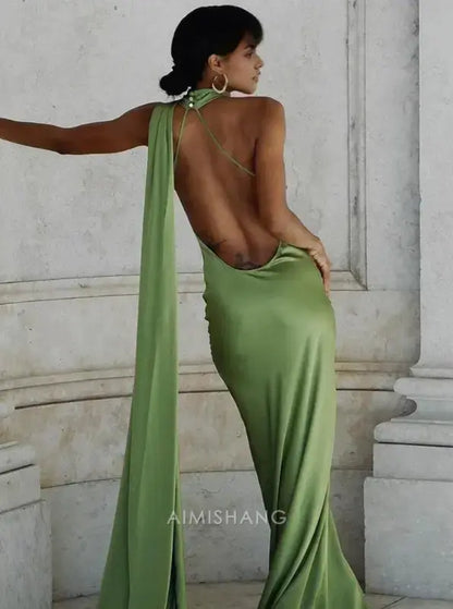 Aimishang Elegant Halter Sleeveless Satin Long Formal Prom Dress Simple Party Evening Gowns Women's Fashion Wedding Guest Dress