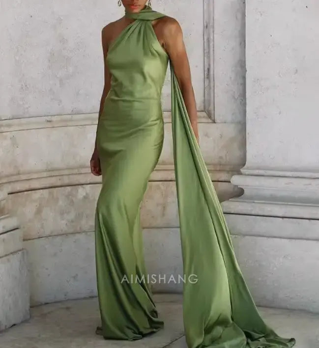Aimishang Elegant Halter Sleeveless Satin Long Formal Prom Dress Simple Party Evening Gowns Women's Fashion Wedding Guest Dress