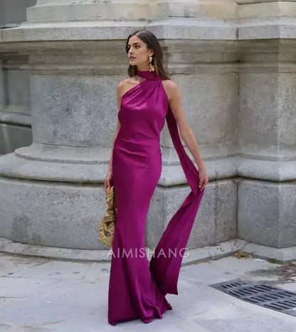 Aimishang Elegant Halter Sleeveless Satin Long Formal Prom Dress Simple Party Evening Gowns Fashion Women's Wedding Guest Dress