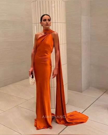 Aimishang Elegant Halter Sleeveless Satin Long Formal Prom Dress Simple Party Evening Gowns Women's Fashion Wedding Guest Dress