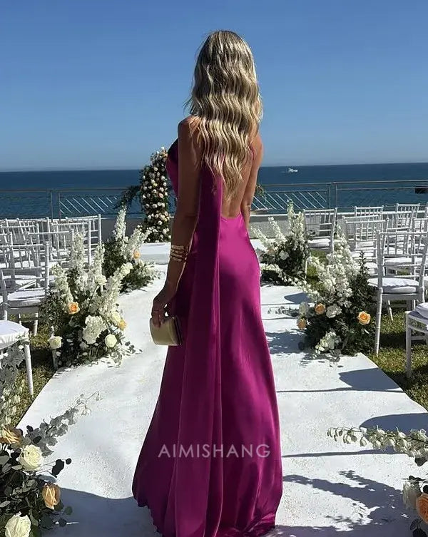 Aimishang Elegant Halter Sleeveless Satin Long Formal Prom Dress Simple Party Evening Gowns Women's Fashion Wedding Guest Dress