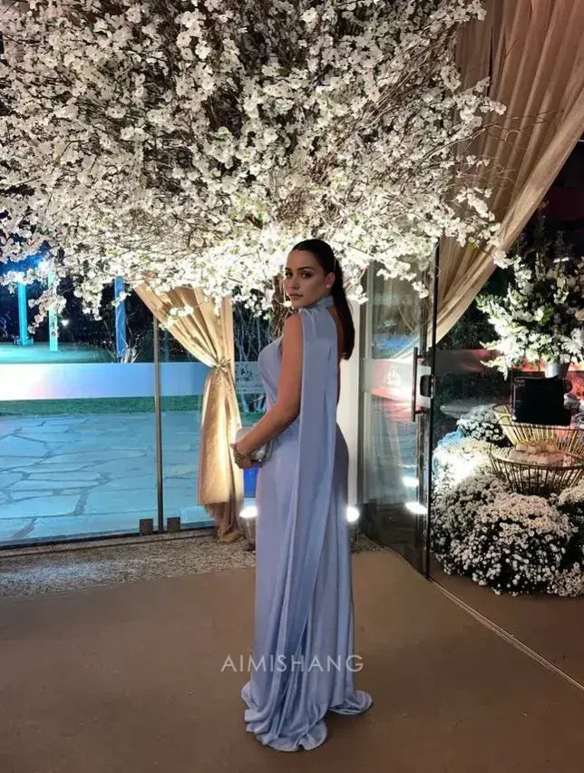 Aimishang Elegant Halter Sleeveless Satin Long Formal Prom Dress Simple Party Evening Gowns Women's Fashion Wedding Guest Dress